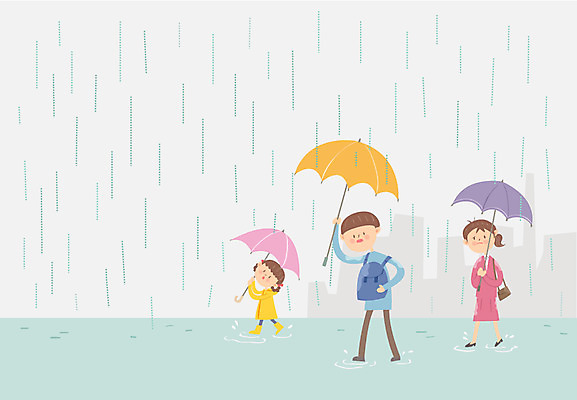 전신 여자 남자 어린이 일러스트 우산 날씨 거리 성인 세명 비 폭우 국내일러스트 AI파일 자연요소 사람 자연재해 파일형식 벡터