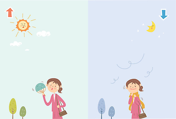 주간 여자 일러스트 날씨 상반신 성인 두명 태양 목도리 추위 달 부채 더위 야간 일교차 국내일러스트 AI파일 자연요소 잡화 사람 파일형식 벡터