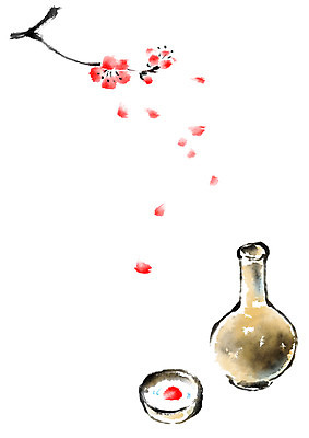 PSD 꽃잎 술잔 일러스트 캘리그라피 술병 사람없음 벚꽃 벚나무 국내일러스트 나무 꽃 병_용기 잔 주류 파일형식