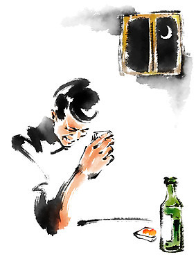 PSD 남자 술잔 일러스트 캘리그라피 창문 한명 들기 상반신 성인 마시기 초승달 소주 소주병 국내일러스트 1 모션 술병 잔 주류 사람 달 파일형식