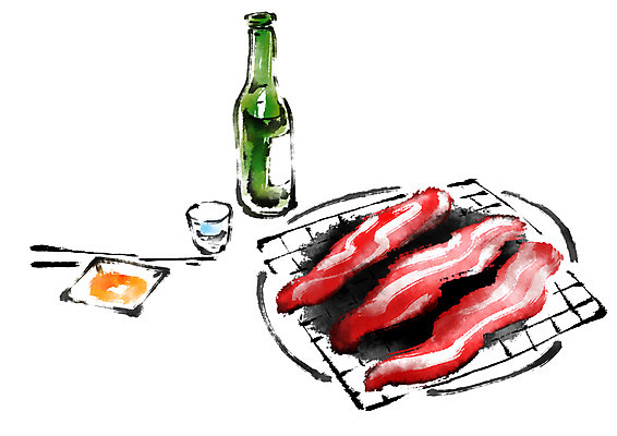 PSD 접시 술잔 일러스트 캘리그라피 젓가락 사람없음 양념 삼겹살 소주 화로 소주병 국내일러스트 그릇 식기 술병 잔 주류 수저 돼지고기 파일형식