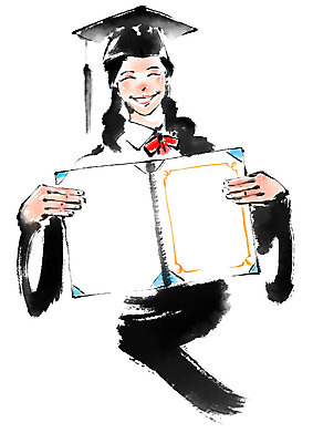 PSD 여자 일러스트 학사모 캘리그라피 졸업 붓터치 졸업식 한명 웃음 들기 상반신 성인 졸업가운 졸업장 국내일러스트 모자_잡화 1 교육 모션 표정 사람 가운 파일형식