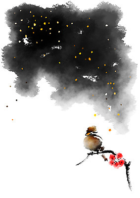 PSD 한마리 별 일러스트 캘리그라피 사람없음 야간 매화 참새 매화나무 국내일러스트 자연요소 나무 1 꽃 조류 파일형식