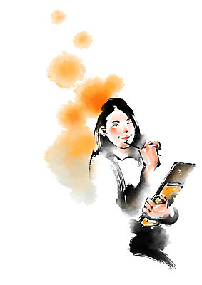 PSD 여자 일러스트 캘리그라피 한명 웃음 들기 상반신 성인 책 펜 국내일러스트 1 모션 표정 사람 필기구 파일형식