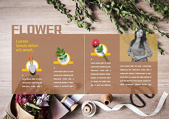 PSD 템플릿 표지디자인 북디자인 출판디자인 여자 꽃 리본 내지 리플렛 꽃다발 북커버 나뭇잎 가위 한명 웃음 팜플렛 상반신 20대 성인 한국인 모종삽 원예 이미지템플릿 식물 1 잎 문구용품 표정 사람 동양인 청년 취미 삽 파일형식
