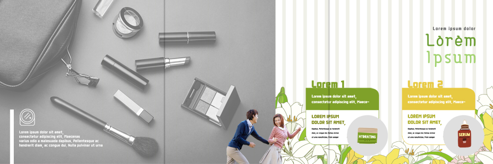 PSD 템플릿 표지디자인 북디자인 커플 출판디자인 여자 남자 꽃 내지 리플렛 북커버 3단접지 이벤트 팜플렛 20대 성인 두명 쇼핑 뷰티 중국인 립스틱 붓 아이섀도 뷰러 파우치 이미지템플릿 외국인 식물 가방 관계 사람 동양인 청년 화장품 화장용품 파일형식