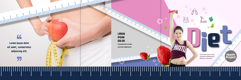 PSD 템플릿 표지디자인 북디자인 출판디자인 여자 표지 리플렛 다이어트 북커버 3단접지 딸기 줄자 팜플렛 상반신 20대 성인 두명 운동 아령 한국인 사과 이미지템플릿 과일 자 건강 사람 동양인 청년 파일형식