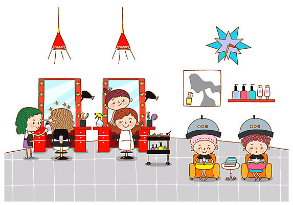 전신 여자 시계 일러스트 탁자 조명 관리 여러명 상반신 성인 책 뷰티 거울 파마 변화 미용실 미용사 머리손질 헤어용품 소파베드 트롤리 국내일러스트 AI파일 직업 헤어스타일 가구 다수 컨셉 사람 소파 수레 미용용품 뷰티샵 파일형식 벡터