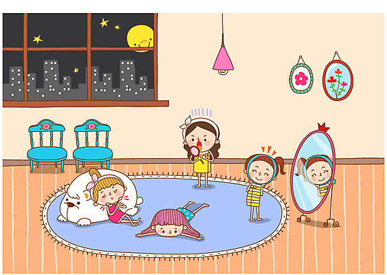 전신 여자 별 인형 액자 의자 일러스트 조명 관리 여러명 성인 뷰티 카펫 거울 달 변화 국내일러스트 AI파일 자연요소 가구 다수 컨셉 사람 파일형식 벡터