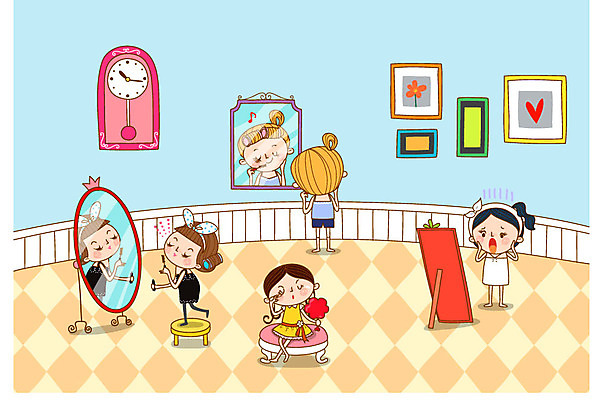 전신 여자 시계 액자 일러스트 관리 여러명 성인 화장 뷰티 거울 변화 눈썹 마스카라 전신거울 국내일러스트 AI파일 얼굴 다수 컨셉 사람 화장품 파일형식 벡터