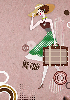 전신 PSD 모자 원피스 여자 패션 백그라운드 일러스트 한명 성인 여행가방 추억 복고 국내일러스트 1 잡화 옷 컨셉 가방 사람 파일형식