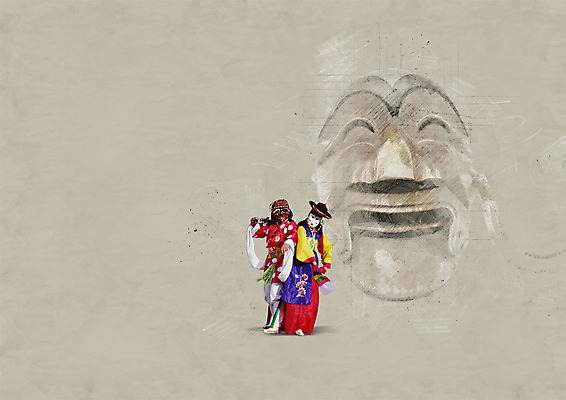 전신 PSD 편집이미지 한국전통 여자 남자 전통문화 포토일러 서기 성인 두명 공연 한복 양반탈 이미지편집 전통 문화 모션 한국 사람 이벤트 전통의상 전통탈 파일형식