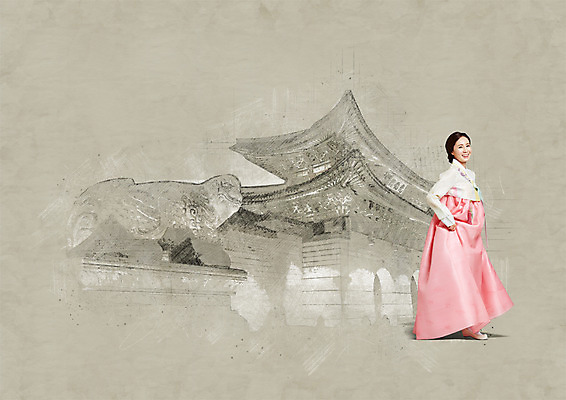 전신 PSD 편집이미지 한국전통 여자 한국건축 포토일러 한명 서기 웃음 성인 30대 한복 해태 해태상 이미지편집 1 전통 건축 모션 한국 표정 사람 장년 전통의상 석조물 파일형식