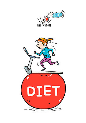 전신 여자 다이어트 일러스트 한명 성인 달리기 운동 목표 사과 런닝머신 목표달성 작심삼일 국내일러스트 AI파일 1 컨셉 과일 모션 건강 사람 운동기구 사자성어 파일형식 벡터