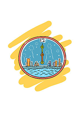 시계 일러스트 새해 불꽃놀이 빌딩 사람없음 강 12시 국내일러스트 AI파일 놀이 건물 시간 파일형식 벡터