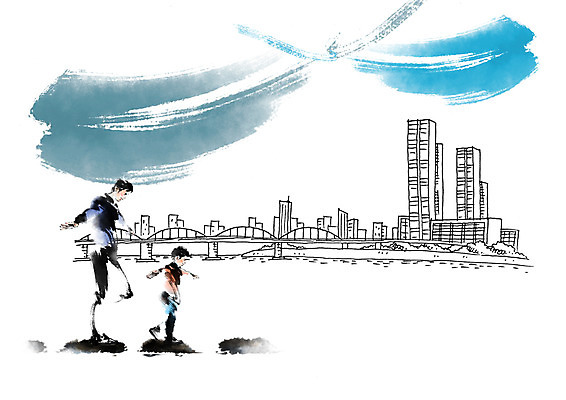 전신 PSD 남자 아들 어린이 일러스트 캘리그라피 가족 서기 빌딩 성인 두명 아빠 가교 국내일러스트 건축물 관계 모션 사람 건물 파일형식