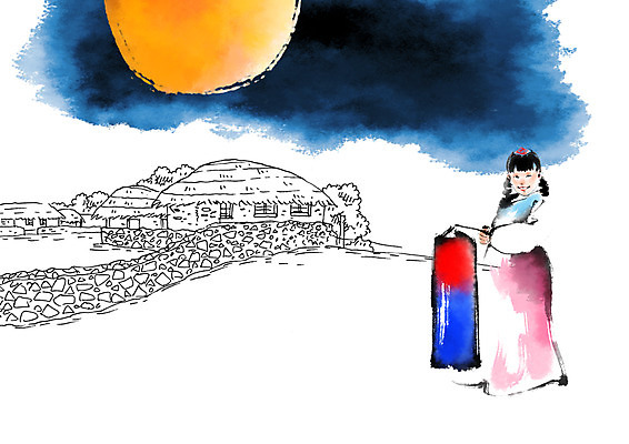 전신 PSD 여자 명절 어린이 일러스트 캘리그라피 초가집 한명 서기 보름달 한복 청사초롱 국내일러스트 1 한국전통 전통 기념일 모션 한옥 사람 달 전통의상 초롱 파일형식