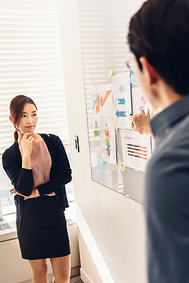 포토 JPG 응시 여자 남자 회의 실내 서기 미소 정장 상반신 20대 성인 두명 앞모습 뒷모습 아웃포커스 비즈니스라이프 자료 한국인 가리킴 직장인 비즈니스맨 비즈니스우먼 발표 동료 회의실 신입사원 국내포토 직업 라이프스타일 시선 옷 뷰포인트 비즈니스 관계 모션 촬영기법 표정 사람 동양인 손짓 청년 내부 파일형식