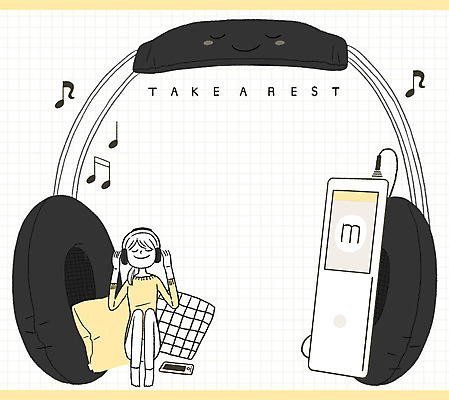 전신 PSD 여자 쿠션 음표 일러스트 휴식 프레임 한명 앉기 성인 헤드폰 음악감상 MP3 안식처 프레임일러스트 국내일러스트 1 기호 음악 음향기기 컨셉 모션 사람 전자제품 감상 파일형식