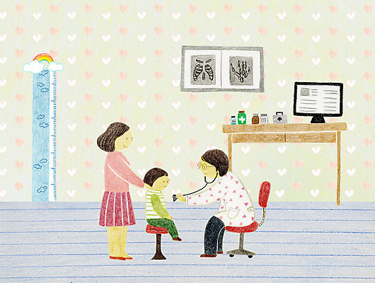 전신 PSD 여자 남자 어린이 의자 일러스트 청진기 엄마 엑스레이 병원 성인 두명 세명 컴퓨터 약 진료 의사 책상 키재기 국내일러스트 가구 의학 가족 의료기기 사람 전자제품 의료진 측정 키_신체 파일형식