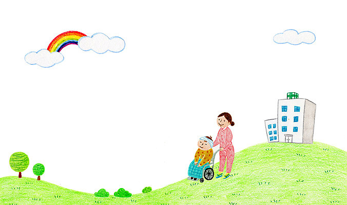 전신 PSD 구름 여자 남자 어린이 무지개 일러스트 병원 성인 두명 산책 간호사 언덕 휠체어 국내일러스트 자연요소 의학 휴식 사람 의료진 파일형식