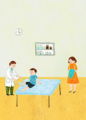 전신 PSD 여자 남자 어린이 시계 일러스트 엄마 병원 성인 치료 세명 약 의사 다리 상처 붕대 국내일러스트 의학 가족 사람 신체부위 의료진 파일형식