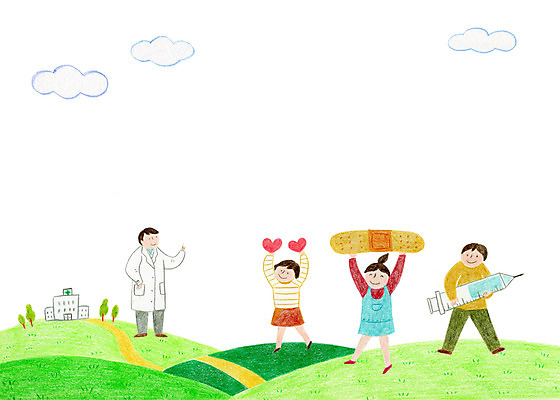 전신 PSD 구름 여자 남자 어린이 일러스트 병원 주사기 사랑 여러명 성인 의사 반창고 언덕 국내일러스트 자연요소 감정 다수 의학 의료기기 사람 의료진 의료용품 파일형식