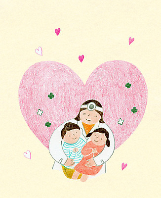 PSD 여자 남자 어린이 일러스트 사랑 웃음 상반신 성인 치료 세명 의사 하트 국내일러스트 모양 감정 의학 표정 사람 의료진 파일형식