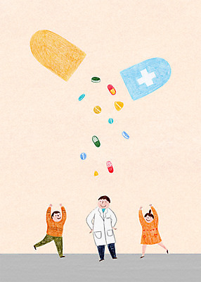 전신 PSD 여자 남자 어린이 일러스트 병원 성인 치료 세명 알약 약 의사 국내일러스트 의학 사람 의료진 파일형식