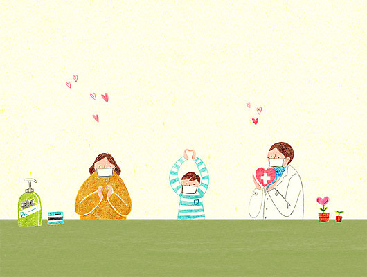 PSD 여자 남자 어린이 일러스트 사랑 상반신 성인 세명 의사 하트 바이러스 예방 손세정제 국내일러스트 모양 감정 사람 의료진 세정제 파일형식
