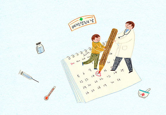 전신 PSD 남자 어린이 일러스트 주사기 성인 두명 약 의사 달력 온도계 체온계 체크표시 예방접종 국내일러스트 의학 의료기기 사람 의료진 확인 접종 파일형식