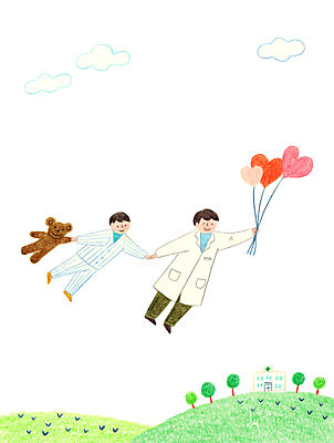 전신 PSD 나무 남자 어린이 일러스트 병원 성인 두명 곰인형 의사 하트 비행 언덕 풍선 국내일러스트 모양 식물 인형 의학 사람 의료진 파일형식