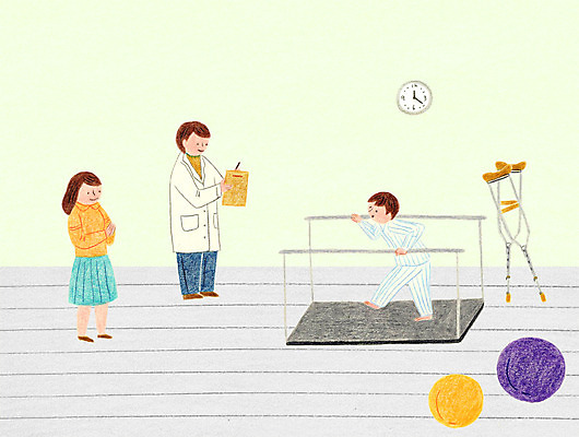 전신 PSD 여자 남자 어린이 시계 일러스트 엄마 성인 세명 걷기 의사 기록 짐볼 목발 물리치료사 재활 국내일러스트 가족 의료기기 모션 사람 치료 의료진 치료사 파일형식