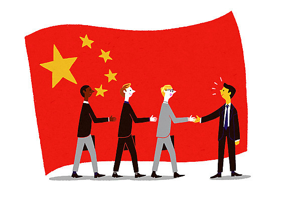 전신 PSD 외국인 백인 남자 흑인 일러스트 악수 서기 여러명 성인 중국인 중국 거래 비즈니스맨 오성홍기 국내일러스트 서양인 아시아 다수 비즈니스 모션 사람 동양인 인종 손짓 직장인 국기 파일형식