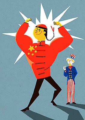 전신 PSD 외국인 백인 남자 일러스트 서기 성인 두명 세계 중국인 미국 중국 힘 시장 성조기 오성홍기 상승 국내일러스트 서양인 아시아 컨셉 북아메리카 모션 사람 동양인 인종 국기 파일형식