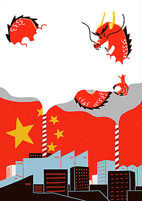 PSD 한마리 일러스트 공장 굴뚝 사람없음 건물 중국 용 오염 오성홍기 매연 국내일러스트 1 건축물 아시아 공업 환경오염 국기 파일형식