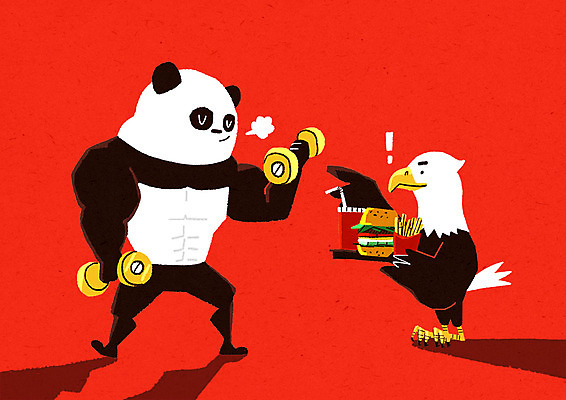 PSD 두마리 일러스트 패스트푸드 사람없음 운동 미국 중국 힘 놀람 아령 햄버거 판다 독수리 국내일러스트 감정 아시아 2 북아메리카 곰 조류 표정 건강 인스턴트 파일형식