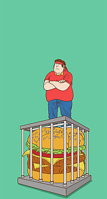 PSD 남자 다이어트 일러스트 한명 서기 상반신 성인 팔짱 햄버거 구속 비만 식이조절 철장 국내일러스트 1 컨셉 모션 패스트푸드 건강 사람 몸매 파일형식