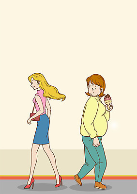 전신 PSD 응시 여자 다이어트 일러스트 아이스크림 성인 두명 비교 먹기 비만 식이조절 국내일러스트 시선 컨셉 모션 디저트 건강 사람 몸매 파일형식