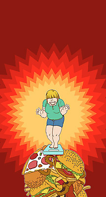 전신 PSD 여자 다이어트 일러스트 산 피자 한명 성인 치킨 햄버거 인스턴트 몸무게 비만 체중계 식이조절 국내일러스트 1 음식 패스트푸드 서양음식 건강 사람 몸매 닭고기요리 파일형식