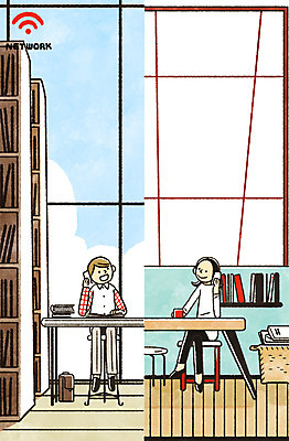 전신 PSD 여자 남자 인터넷 의자 일러스트 창문 집안 책장 앉기 성인 두명 책 네트워크 도서관 책상 와이파이 통화 무선네트워크 국내일러스트 교육 가구 모션 실내 사람 무선인터넷 파일형식