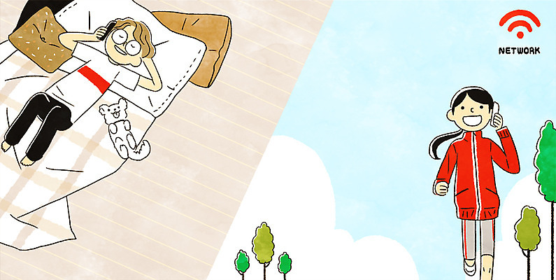 전신 PSD 나무 한마리 여자 남자 쿠션 인터넷 일러스트 집안 성인 두명 눕기 운동 산책 네트워크 강아지 와이파이 무선네트워크 국내일러스트 식물 1 모션 휴식 실내 건강 사람 반려동물 개 무선인터넷 파일형식