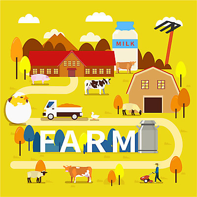 전신 남자 여러마리 일러스트 오리 병아리 한명 성인 타이포그라피 농장 마을 목장 우유 트럭 양 돼지 소 헛간 외양간 국내일러스트 AI파일 문자 1 다수 농업 포유류 자동차 조류 유제품 사람 저장고 파일형식 벡터