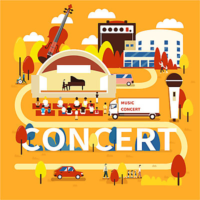 여자 남자 어린이 악기 음악 일러스트 여러명 성인 타이포그라피 마을 콘서트 트럭 건반 피아노 콘서트홀 바이올린 마이크 연주회 앰프 객석 국내일러스트 AI파일 문자 음향기기 다수 자동차 현악기 문화예술 사람 공연 건반악기 공연장 음악회 파일형식 벡터