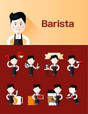 아이콘 직업 캐릭터 남자 커피 포즈 직업캐릭터 여러명 성인 세트 카페 원두 플랫 도넛 바리스타 실수 테이크아웃컵 얼굴없음 남자만 2D아이콘 AI파일 음료 다수 디저트 사람 컵 상점 파일형식 벡터