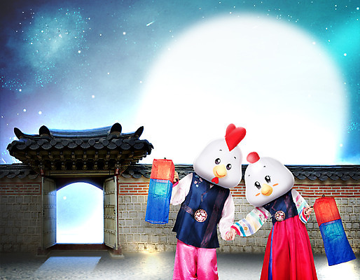 PSD 편집이미지 한국전통 여자 남자 새해 프레임 서기 상반신 두명 앞모습 30대 손잡기 보름달 닭 한복 청사초롱 대문 닭캐릭터 정유년 이미지편집 전통 뷰포인트 동물캐릭터 모션 조류 한국 사람 장년 문 달 전통의상 초롱 파일형식 2017년