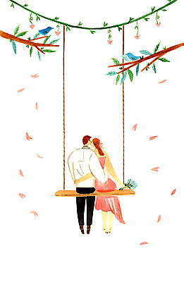 전신 PSD 커플 여자 남자 꽃다발 두마리 일러스트 조류 키스 사랑 앉기 두명 나뭇가지 그네 국내일러스트 나무 동물 꽃 감정 2 관계 모션 사람 애정표현 파일형식