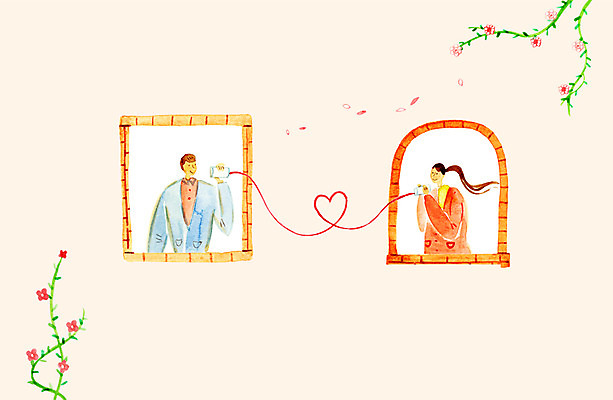 PSD 커플 여자 남자 꽃 일러스트 창문 사랑 상반신 두명 하트 덩굴 실전화기 국내일러스트 모양 식물 감정 관계 사람 파일형식