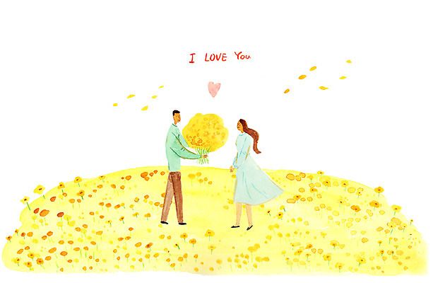 PSD 커플 여자 남자 꽃다발 프로포즈 꽃밭 일러스트 사랑 두명 하트 국내일러스트 모양 꽃 감정 관계 사람 파일형식