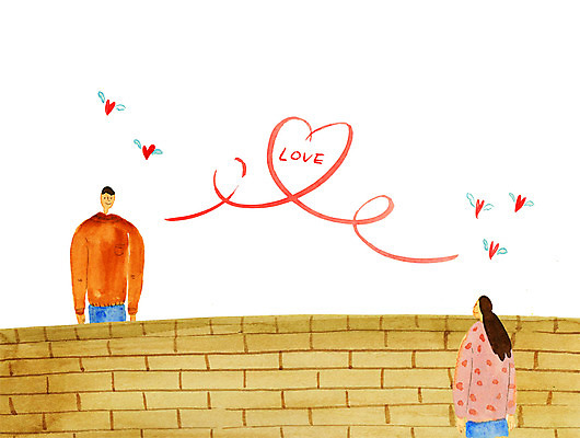 PSD 커플 응시 여자 남자 일러스트 사랑 상반신 두명 담장 하트 국내일러스트 모양 시선 감정 관계 사람 파일형식